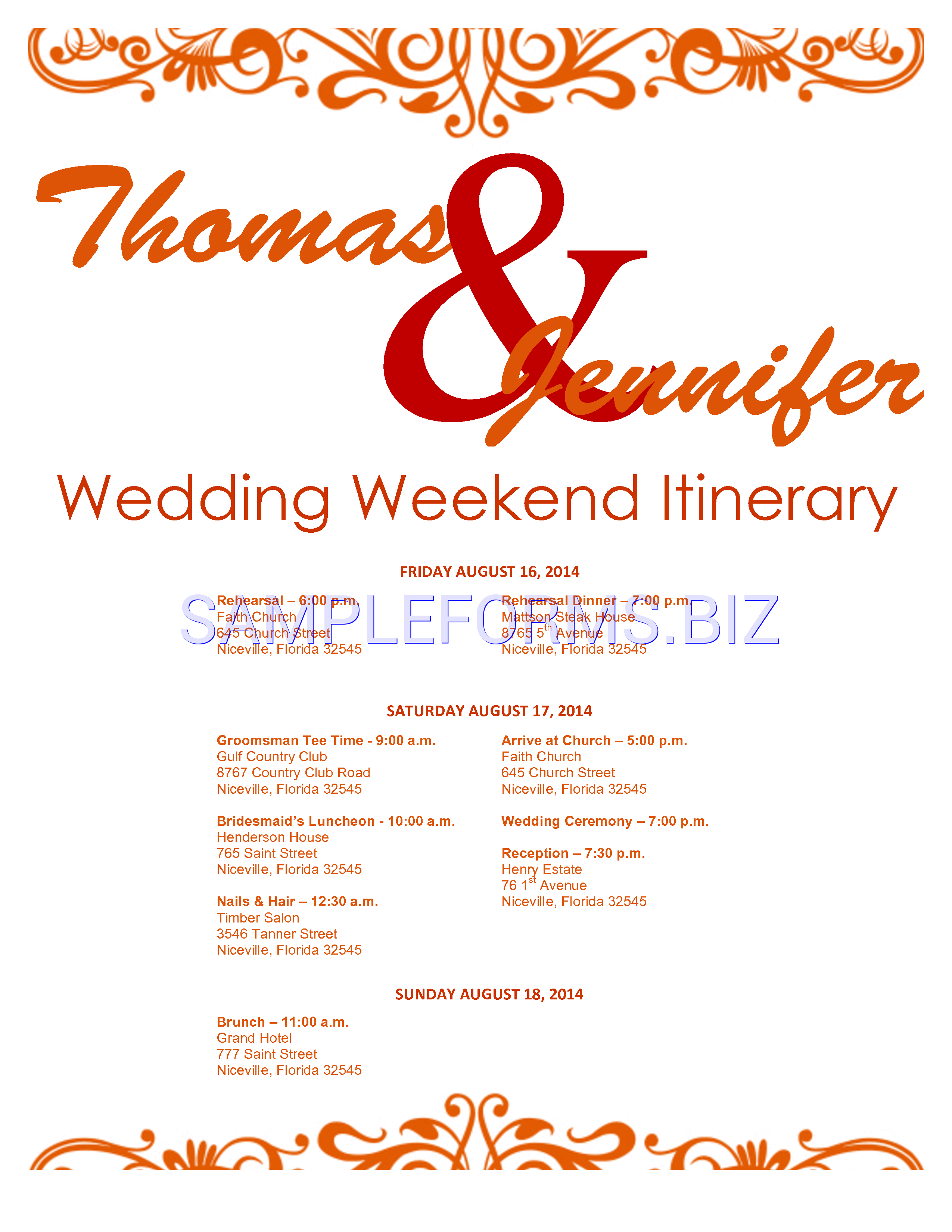 Preview free downloadable Wedding Itinerary Template 1 in PDF (page 1)