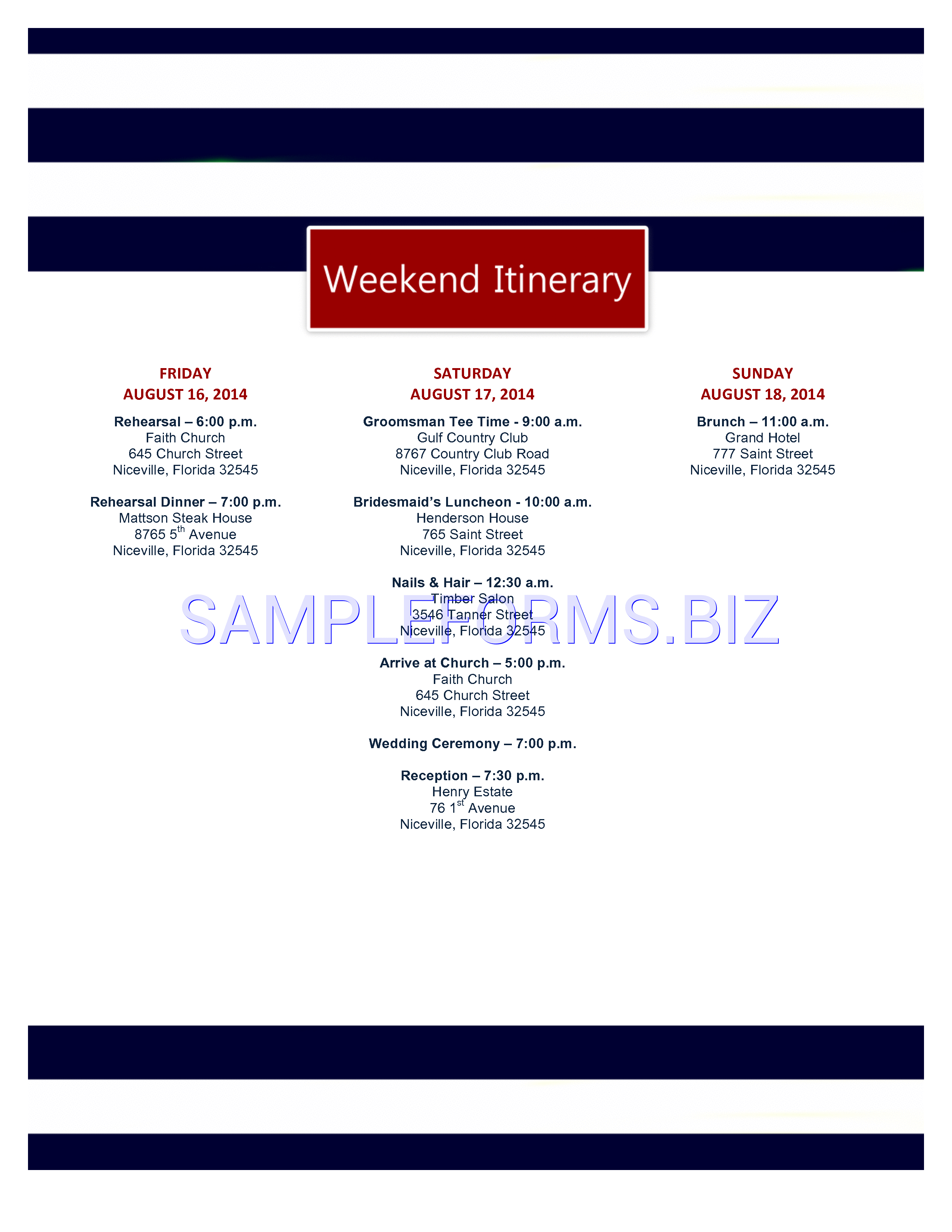 Preview free downloadable Wedding Itinerary Template 4 in PDF (page 1)